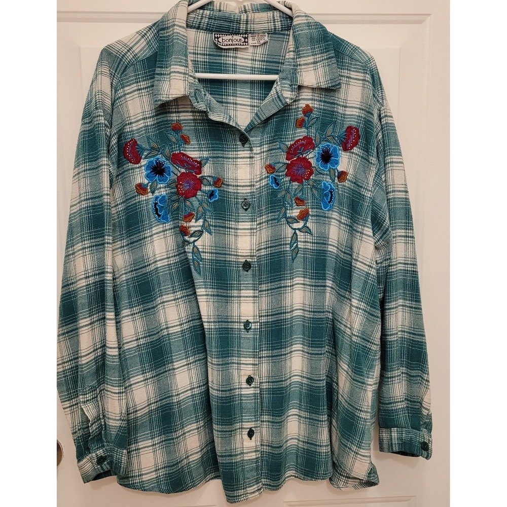 bonjour womens 1X Turquoise & white Buttonup flannel shirt embroidered Flowers.